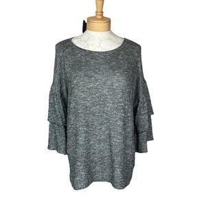 ANA Scoop Neck Sweater with Two Tiered Sleeve Brown Marled with Gold Lurex XL